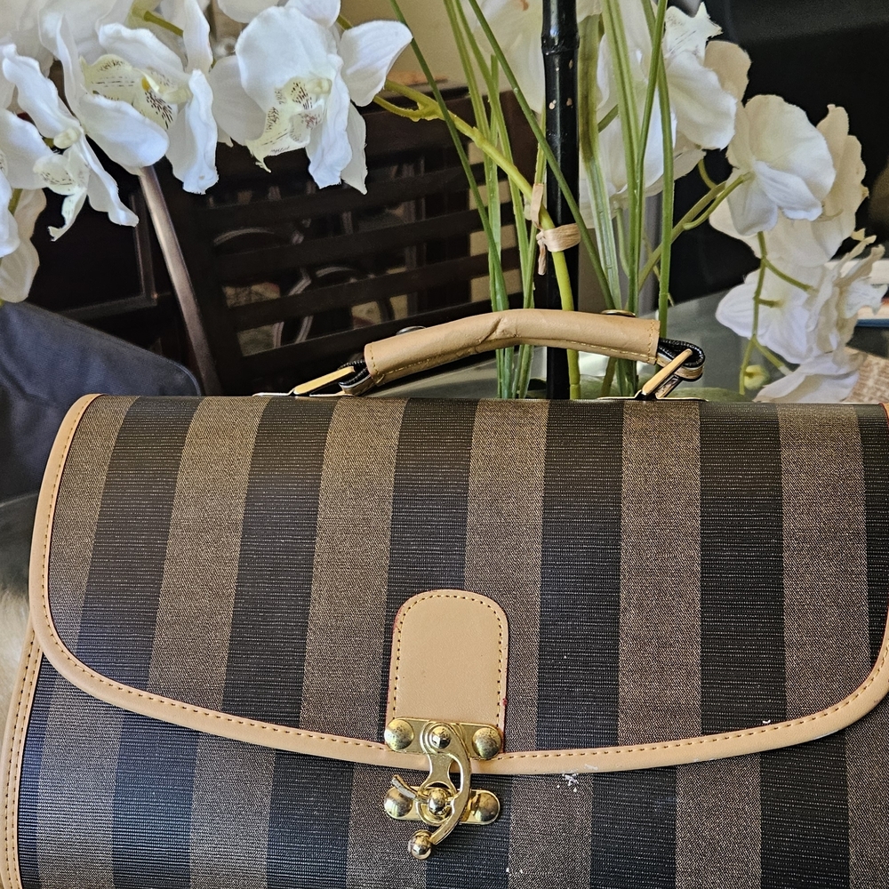 Source Unknown Black and Tan Striped Top-Handle Satchel
